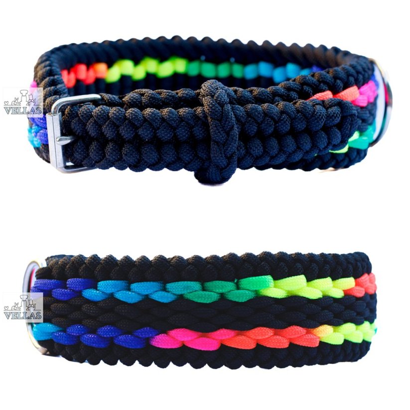 Paracordový obojek BLACK RAINBOW STRIPE - Velikost pleteného obojku: M (30 - 39 cm)